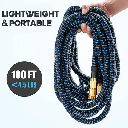 100 ft Expandable Garden Hose with 10 Function Nozzle Sprayer, Lightweight & No-Kink Flexible Water Hose with Durable Latex Core & Solid Brass Fittings, 100ft Retractable Stretch Hose, Black & Blue