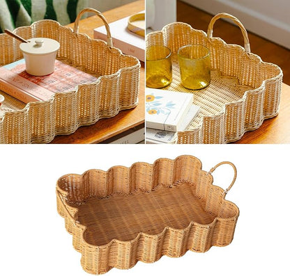 Scalloped Rattan Tray Basket,17"*12"*4" Super Hard Rectangle Hand Woven Wicker Serving Tray with Handles, Seagrass Decoratve Tray for Coffee Table (Rattan-Cream Color-17 * 12 * 4")