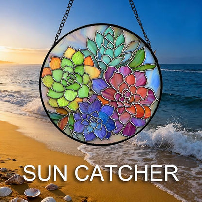 Stained Glass Window Hanging Colorful Succulents Large 15" - Flowers Suncatcher Door Garden Sun Catcher Home Decor Birthday Christmas for Mom Men Woman Friends Nana Wife
