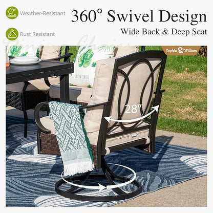Sophia & William Patio Table and Chairs Set with Umbrella 8 Piece Outdoor Dining Set for 6 with 13ft Double-Sided Patio Navy Umbrella, 6 x Swivel Patio Chairs, 1 Metal Table for Lawn Garden