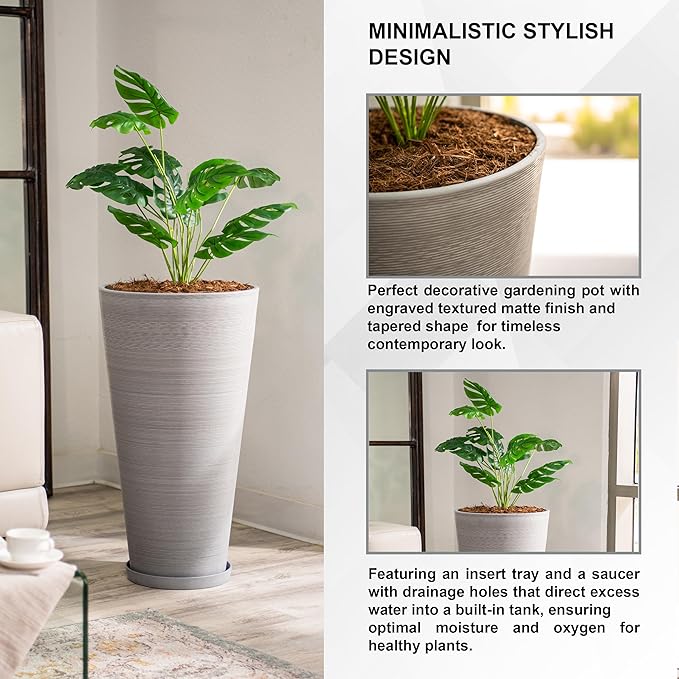 XBrand Modern 28-Inch Tall Round Planter, Modern Tapered Planter Perfect for Indoor & Outdoor Planter, Patio Décor, Gray