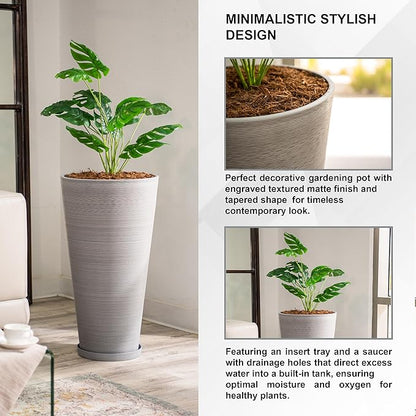 XBrand Modern 28-Inch Tall Round Planter, Modern Tapered Planter Perfect for Indoor & Outdoor Planter, Patio Décor, Gray