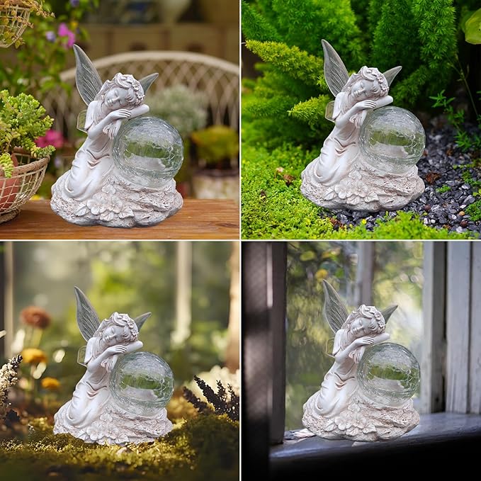 Solar Fairy Garden Statue with Cracked Glass Ball & Glowing Wings, Waterproof Outdoor Fairy Decor for Yard, Patio, Lawn – Ideal for Garden Lovers & Holiday Giving (7.67x6.69 Inches)
