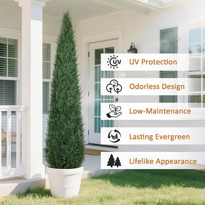 Artificial Cedar Topiary Trees, 6FT Topiary Trees Artificial Outdoor UV Resistant, Realistic Potted Fake Pine Plants Shrubs for Front Porch Home Garden Decor, Set of 2