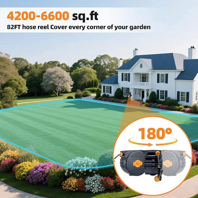 Retractable Garden Hose Reel 1/2"x82 ft, Automatic Hose Reel with 7 Pattern Nozzle, Any Length Lock Wall Mounted &180 Deg Swivel