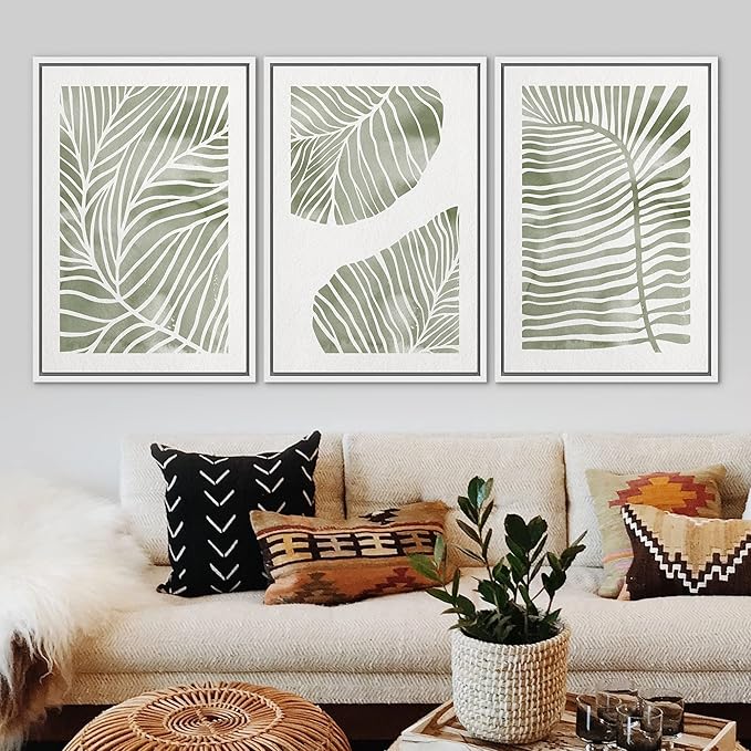 Ashbrook Framed Canvas Print Wall Art Set Abstract Jungle Green Pastel Plants Nature Wilderness Illustrations Modern Art Rustic Chic Colorful for Living Room, Bedroom, Office - 24"x36"x3 White