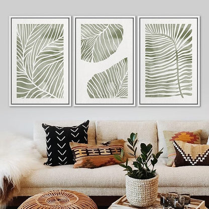 Ashbrook Framed Canvas Print Wall Art Set Abstract Jungle Green Pastel Plants Nature Wilderness Illustrations Modern Art Rustic Chic Colorful for Living Room, Bedroom, Office - 24"x36"x3 White