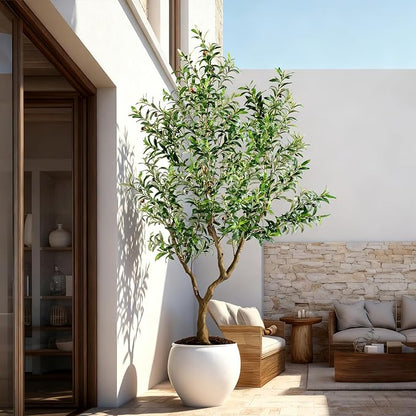 7FT Artificial Olive Tree Artificial Olive Plants, Tall Faux Olive Tree Faux Silk Plant Fake Plant Ultra-Realistic Silk Leaves & Natural Trunk Indoor Outdoor Use