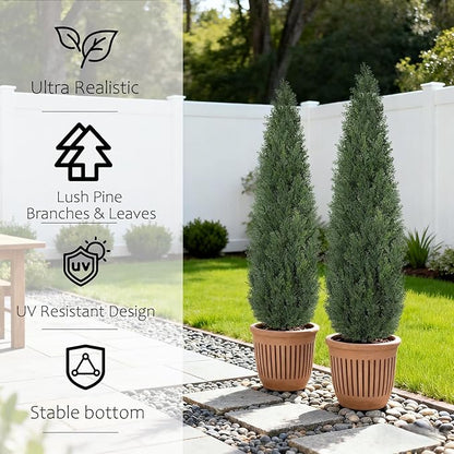 Artificial Cedar Trees for Outdoor 4 FT, 2 Set Outdoor Faux Cedar Bushes Topiary UV Protection and Lush Fake Cypress Shrubs for Front Door Porch Patio Garden Balcony Fence Outside Decoration