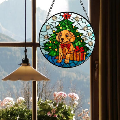 Stained Glass Window Hanging Green Christmas Tree Snowflake Dog 7.8" - Suncatcher Door Garden Sun Catcher Xmas Holiday Decor Birthday for Mom Men Woman Friend Nana