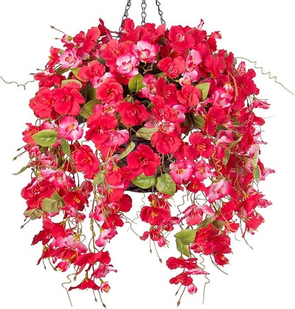 HyeFlora Artificial Fake Hanging Hibiscus Flower Baskets for Outdoor Decoration, Faux Silk Hibiscus Long Vines in Planter UV Resistant Realistic Flowers for Outside Porch Patio Home Decor, RedPink