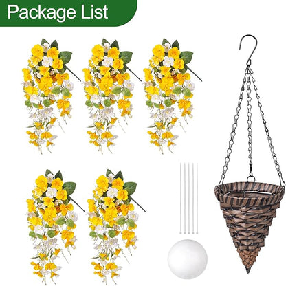 HyeFlora Artificial Fake Hanging Flower Plants Basket for Outdoors Decoration, Faux Silk Hibiscus Long Vines in Planter UV Resistant Realistic Flowers for Outside Patio Porch Home Decor (YellowWhite)