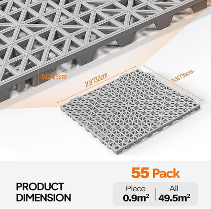 ROVSUN 55 PCS Interlocking Drainage Mat, 12’’x12’’ Drainage Tiles Interlocking,Soft PVC Floor Tiles, Non-Slip Drainage Holes for Restroom, Bathroom, Kitchen, Pool, Wet Areas,Grey