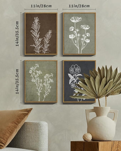 Drsoum Botanical Wall Art Framed Boho Wall Art Decor Wooded Vintage Print Modern Farmhouse Home Kitchen Decor 11x14inx4pcs