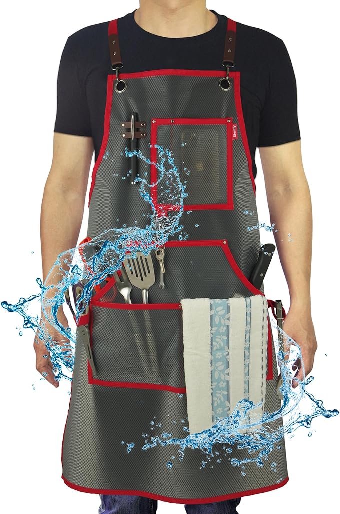 Waterproof Work Apron for Chefs, Hair Stylists, Artists, Gardeners, Adjustable, Multi-Pockets, TPU Mesh Fabric, Plus Size