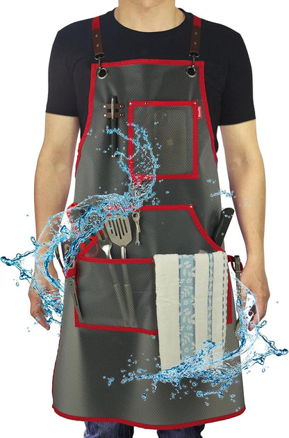 Waterproof Work Apron for Chefs, Hair Stylists, Artists, Gardeners, Adjustable, Multi-Pockets, TPU Mesh Fabric, Plus Size