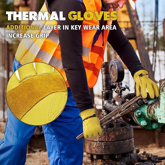 HLDD HANDLANDY Winter Work Gloves, Insulated Leather Work Glove with Abrasion Protection & Thinsulate Lining for Cold Weather