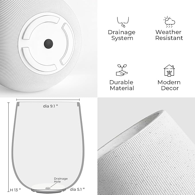 Worth Garden White Large Round Planter, 9" Dia x 13" H Lightweight Magnesium Oxide Cement Plant Pot with a Striped Textured Finish, Raised Pattern Concrete Look, Drainage Hole, Indoor & Outdoor Use
