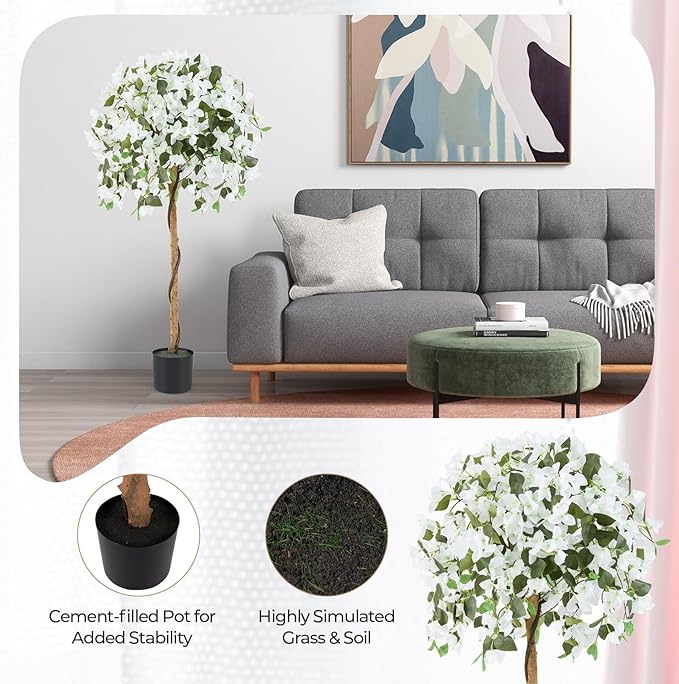 GOFLAME 53" Artificial Bougainvillea Tree, Faux Silk Flower Plant in Pot with 576 Flowers & 288 Leaves, Indoor Outdoor Fake Bougainvillea for Home, Office and Garden Decor, White