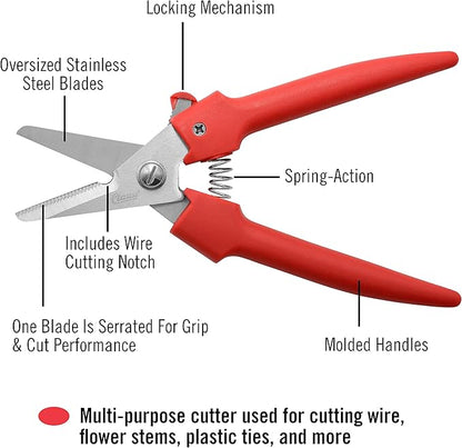 Clauss Spring-Action Stainless Steel Wire Cutters / Pruning Shears For Gardening, Red, 7.5’’ (33503)