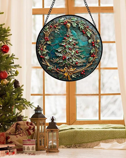 Stained Glass Window Hangings - Red Gold Green Wreath Suncatcher for Door Home Christmas Tree Decoration Sun Catcher Thanksgiving New Year Birthday Gift for Women Men Mom Grandma 7.8 in