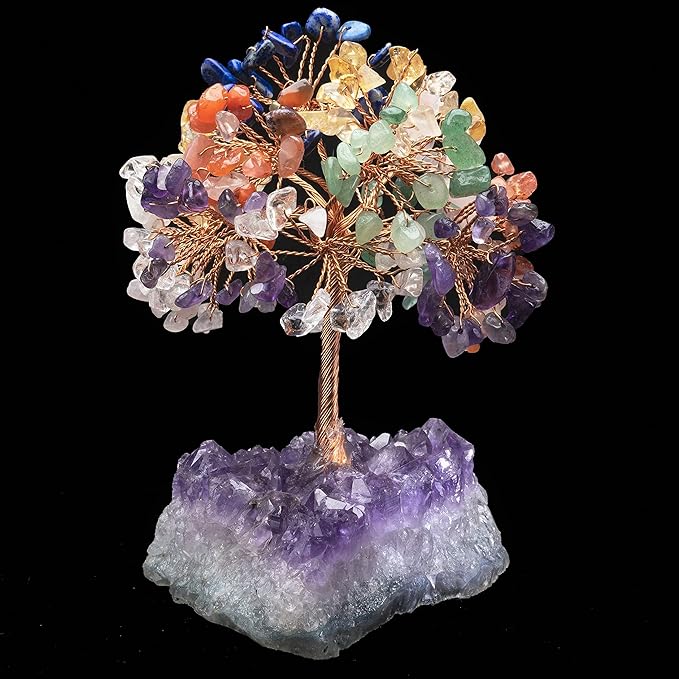7 Chakra Tree of Life - Crystal Tree for Positive Energy, Gemstone Tree, Feng Shui Tree - Amethyst Cluster Base, Seven Chakra Tree, Money Tree Bonsai,Gem Tree, Healing Crystal Decor - Spiritual Gift