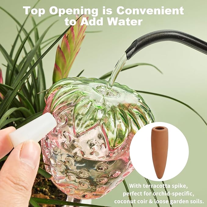 Strawberry-Shaped Glass Plant Watering Globes (Set of 2) - Vacation Plant Watering Devices with Terracotta Spikes, Top-Fill Watering Globes, Self Watering Planter Insert for Plants