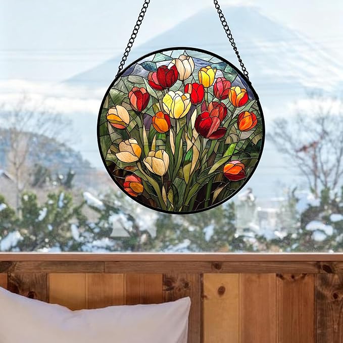 Stained Glass Window Hanging Wildflowers Tulips Large 11.8" - Flowers Suncatcher Door Garden Sun Catcher Home Decor Birthday Christmas for Mom Men Woman Friends Nana Wife