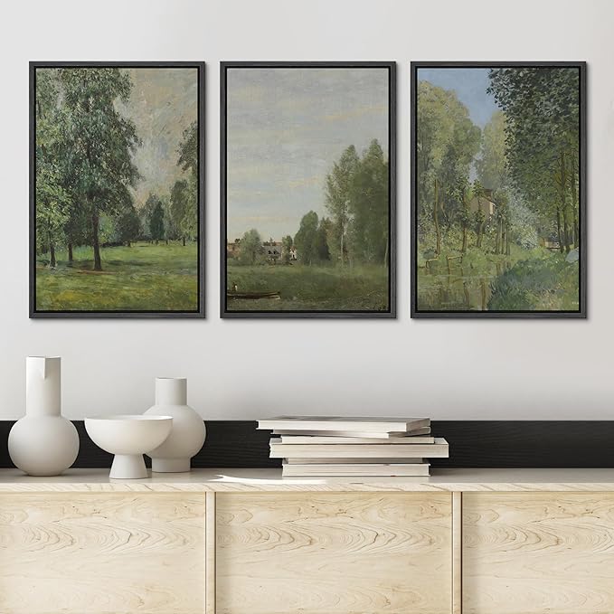 Ashbrook Framed Canvas Print Wall Art Set Fine Art Watercolor Emerald Green Forest Landscape Nature Wilderness Illustrations Floral Botanical Minimal Calm/Relax for Bedroom - 24"x36"x3 BLACK