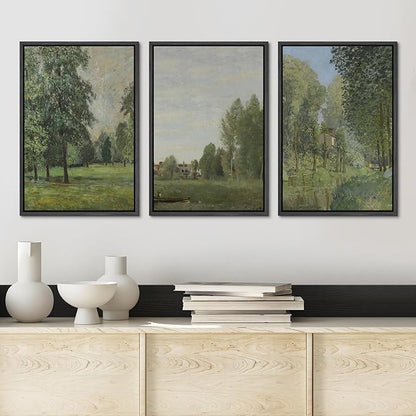 Ashbrook Framed Canvas Print Wall Art Set Fine Art Watercolor Emerald Green Forest Landscape Nature Wilderness Illustrations Floral Botanical Minimal Calm/Relax for Bedroom - 24"x36"x3 BLACK