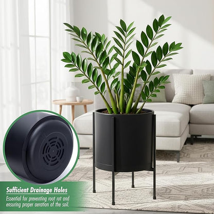 D'vine Dev 12 Inch Black Planter Pot with Stand – Modern Plastic Cylinder Flower Pot with Heavy-Duty Metal Stand for Indoor Plants, 55-D-B-3