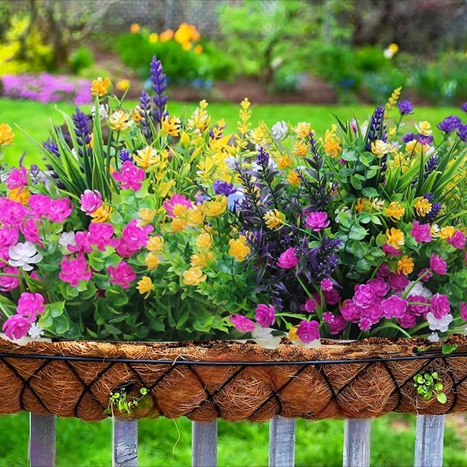 12 Outdoor Artificial Flower Pieces, Bulk Fake Plastic Plants for Porch, Window, Home & Wedding Decoration in Fall and Summer, Ideal for Hanging Planters (Eucalyptus Flowers)