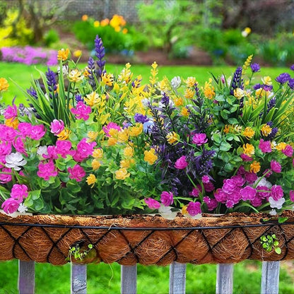 12 Outdoor Artificial Flower Pieces, Bulk Fake Plastic Plants for Porch, Window, Home & Wedding Decoration in Fall and Summer, Ideal for Hanging Planters (Eucalyptus Flowers)