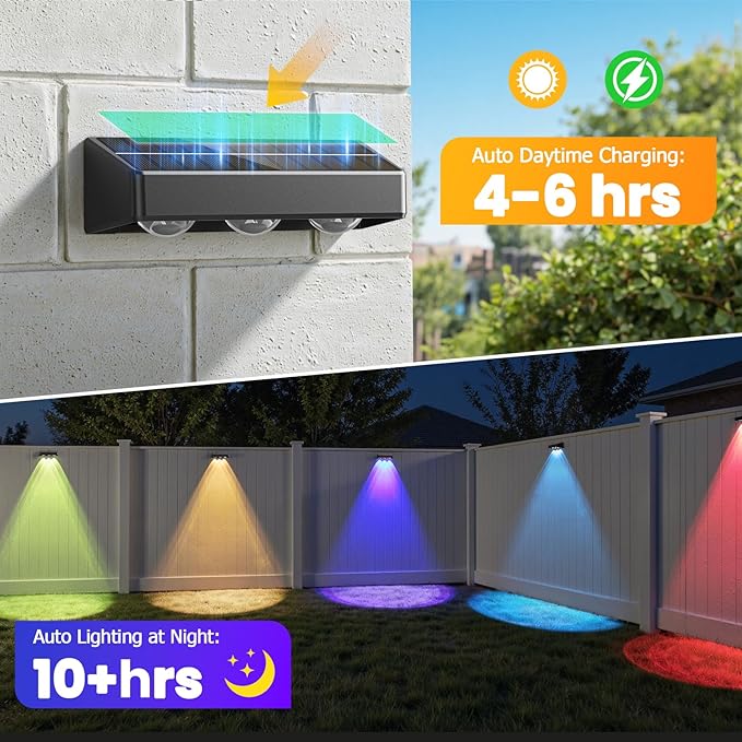 NIORSUN Solar Fence Lights,8 Pack Solars Deck Light,RGB Color,Outdoor Bulb Waterproof Led IP65,Outdoor Fence Light,Power Patio Lamp with Lenses for Outside/Backyard/Railing/Yard(Black)