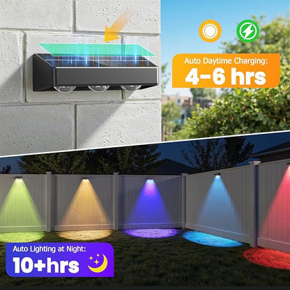 NIORSUN Solar Fence Lights,8 Pack Solars Deck Light,RGB Color,Outdoor Bulb Waterproof Led IP65,Outdoor Fence Light,Power Patio Lamp with Lenses for Outside/Backyard/Railing/Yard(Black)