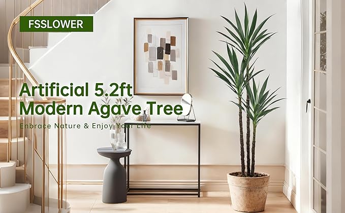 Artificial Agave Tree 5.2FT with 45 Leaves & 3 Trunks & Elegant Black Pot Lifelike Tall Large Fake Faux Modern Tree 62 Inch for Indoor Home Office Porch Store Corner Decor Housewarming Gift