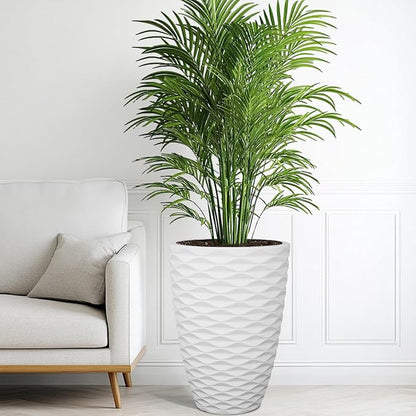 Planters for Indoor/Outdoor Plants (Set of 2), 19in Tall Large Garden Pots, Wavy Matte White Planter, Faux Ceramic Flower Pots, All-Weather Durable HDPE Plastic Plant Pot with Drainge Hole