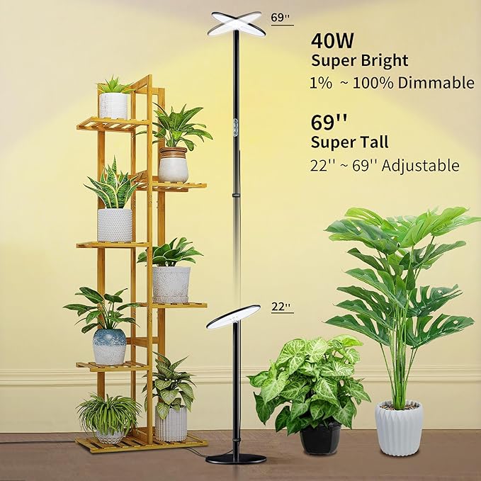 chiphy 69" Full Spectrum Grow Light for Indoor Plants, 4/8/12H Timer, 40W Tall Plant Lights, 10 Level Dimmable Brightness, Heights Adjustable, Remote Control, Ideal for Large Tall Plants