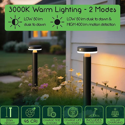 20" Solar Landscape Lights - Outdoor Solar Lights for Yard - PIR Sensor & Two Light Modes - 50lm & 400lm - Rechargeable Battery Last Up to 55 Hours - 3000K - IP44 Weather Resistant - 4 Pack