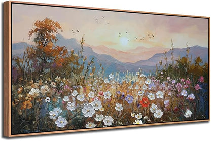 Framed Landscape Wall Art Canvas Painting Extra Large Wall Decor for Living Room, Nature Wildflower Picture Scenry Artwork Textured for Bedroom Dining Room Kitchen Home Office 58"x29"