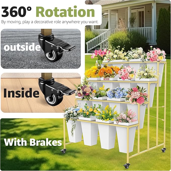 4 Layers Flower Display Stand with Buckets, 16 PCS Buckets Plant Stand with Wheels, Movable Metal Plant Stand for Terrace Garden, Living Room, Florist Shop