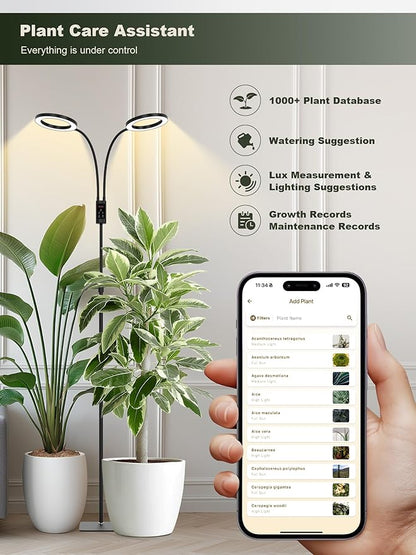 GLOWRIUM Smart Grow Lights for Indoor Plants, 48W Full Spectrum Plant Lights with Bluetooth App, Adjustable Height 47-70.9", Auto Timer, Indoor Plant Lamp for Large Tall Plants（Black 48W）