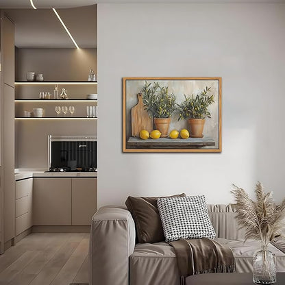 Floating Framed Vintage Kitchen Wall Art, Yellow Lemon Still Life Wall Decor Oil Paintings, Rustic Farmhouse Artwork Canvas Posters Prints Pictures for Living Room Bedroom Home Decor 16x24 Inch