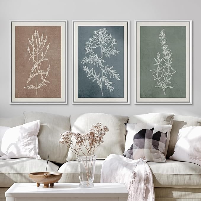 Ashbrook Framed Canvas Print Wall Art Set Duotone Forest Wildflower Farmhouse Decor Nature Wilderness Illustrations Modern Art Floral Botanical Calm/Relax/Cozy for Bedroom - 24"x36"x3 WHITE