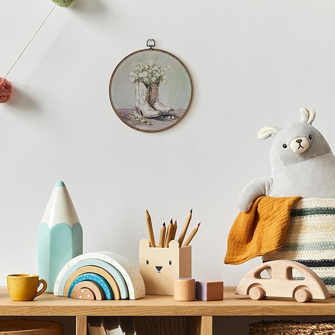 TLESKE White Preppy Western Cowgirl Round Wall Art Decor, Vintage Cowgirl Boots Framed Canvas Prints Wall Art Artwork, Wall Hanging Room Door Decor for Teen Girls Room Dorm Bedroom, 10x10
