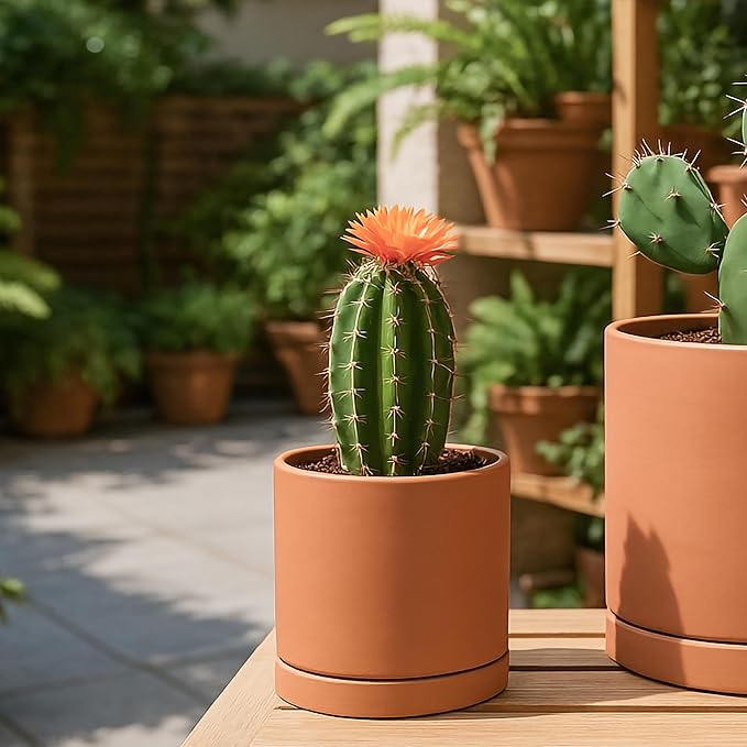 D'vine Dev Small Plus 5 Inch Terracotta Plant Pot with Drainage Hole and Saucer, Round Cylinder Planter Pot for Indoor Plants, 40-X-A-2