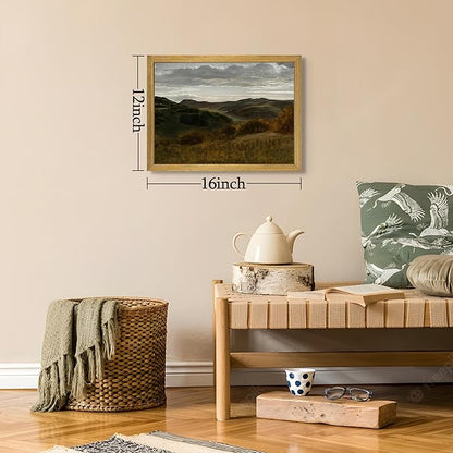 Framed Vintage Mountain Landscape Wall Art, Rustic Countryside Hills Canvas Print, Retro Farmhouse Nature Oil Painting Picture for Living Room Bedroom Home Wall Decor 12x16 Inch