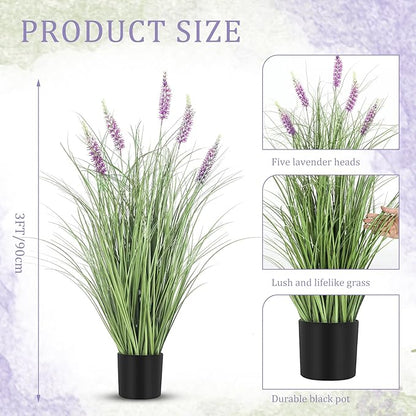 Jexine 2 Pieces Faux Plants Outdoor 3 ft Tall Artificial Lavender Plant Potted Artificial Lavender Faux Greenery Floor Flowers for Housewarming Gift House Garden Bathroom Lobby Outdoor
