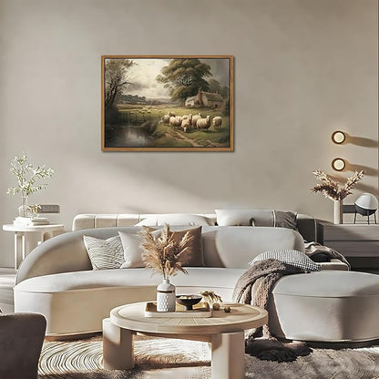 SAMHOU Floating Framed Canvas Wall Art, Vintage French Country Nature Landscape Wall Decor, Meadow Flock of Sheep Poster Prints Picture for Farmhouse Living Room Bedroom Home Decor 12x16 inch