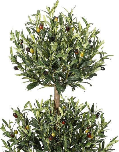 5 ft Artificial Olive Tree, Triple Ball Topiary Faux Plant with Moss & Pot, Outdoor Indoor Realistic Fake Shrubs Trees, Round Bushes Fake Shrubs Potted for Home Offices Porch Decor, Set of 2